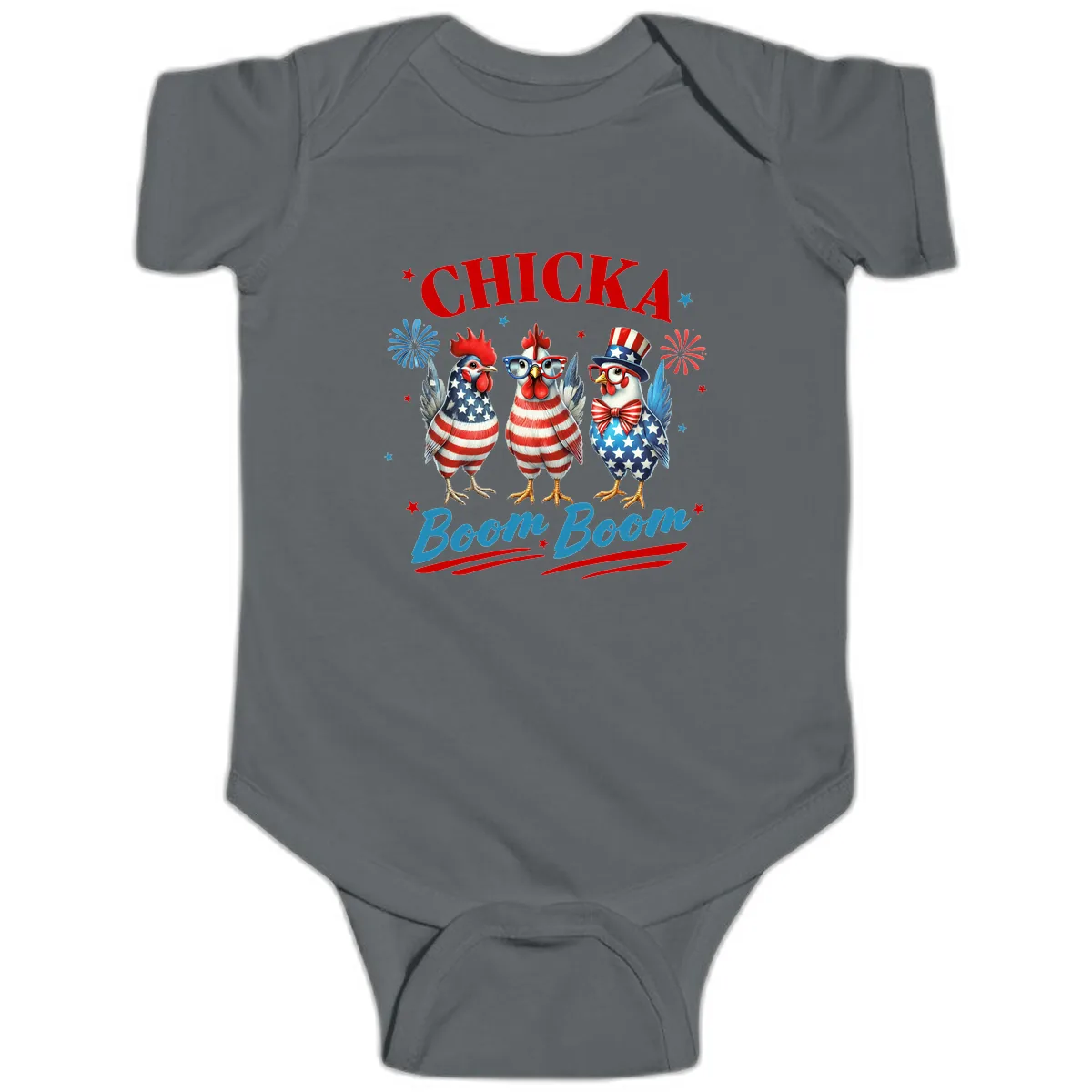 Chicka Boom Boom Patriotic Chickens Baby Onesie in Charcoal