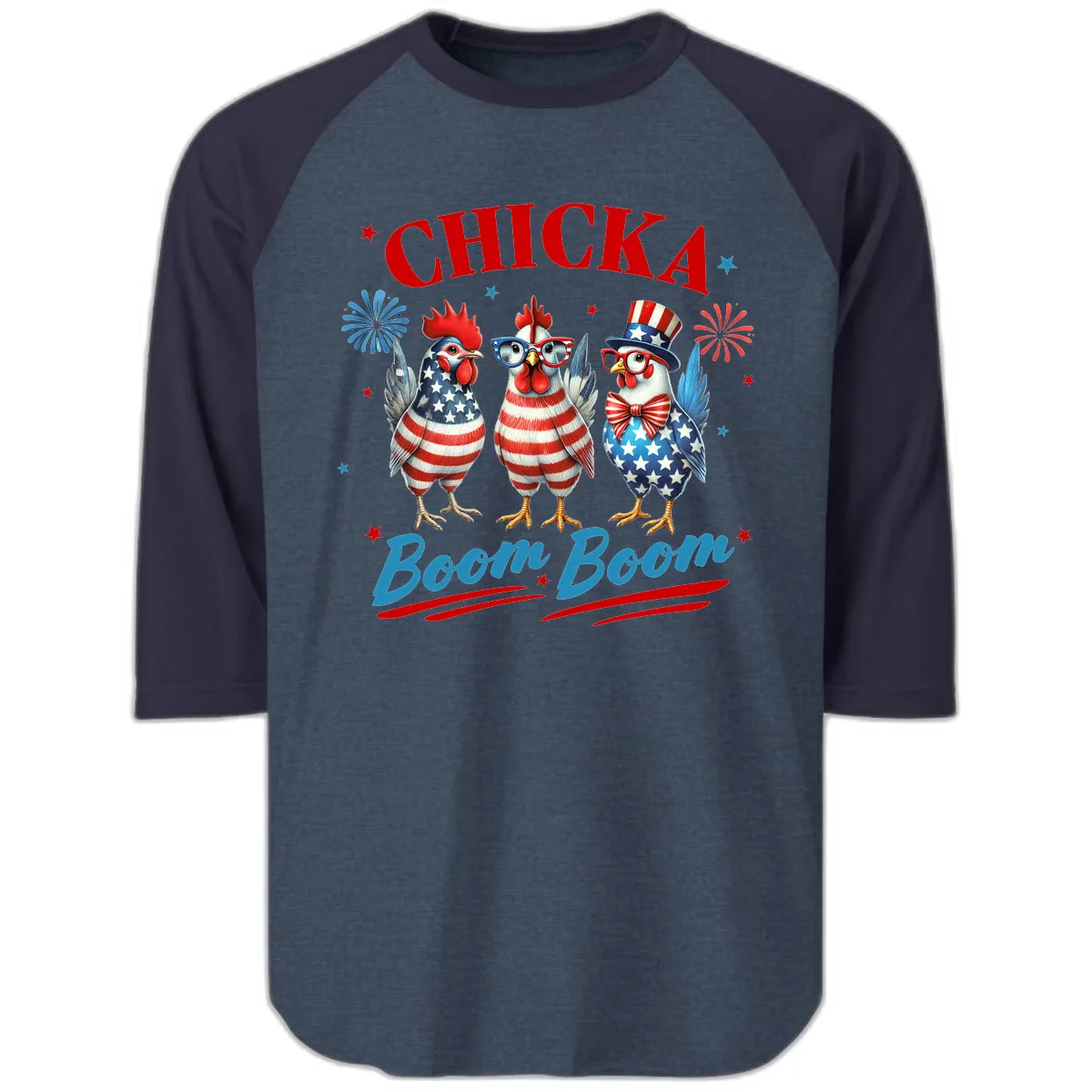 Chicka Boom Boom Patriotic Chickens Raglan 3/4 in Heather Denim Navy