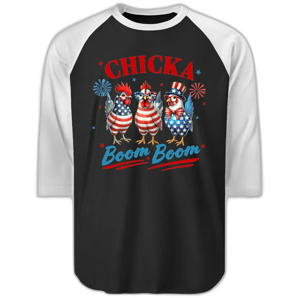 Chicka Boom Boom Patriotic Chickens Raglan 3/4 in Black White