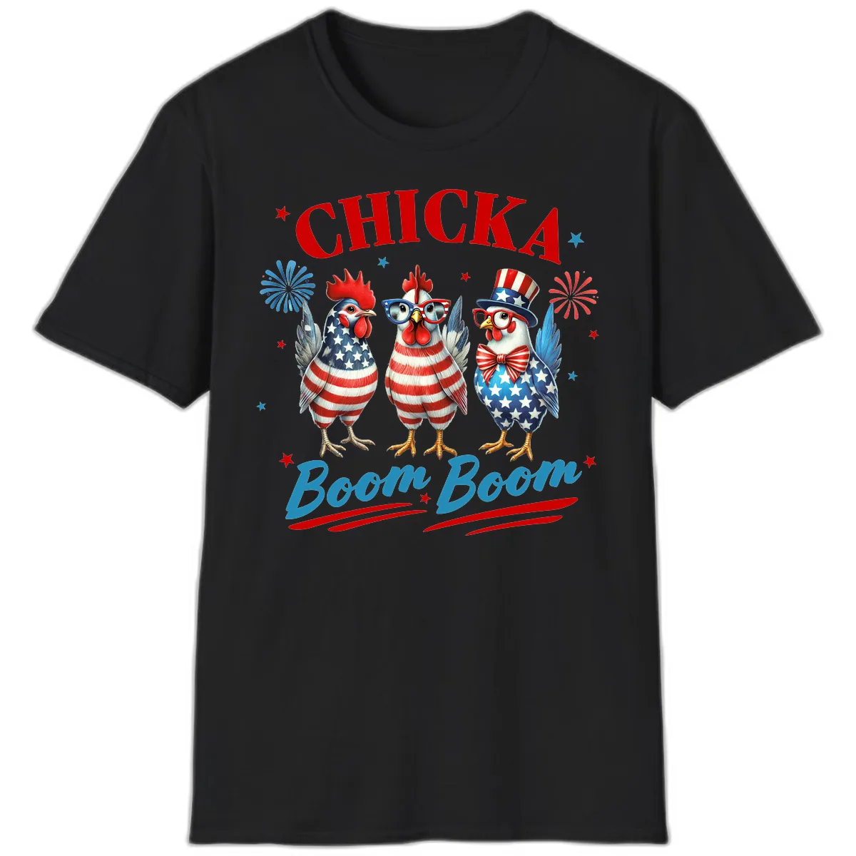 Chicka Boom Boom Patriotic Chickens T-Shirt in Black