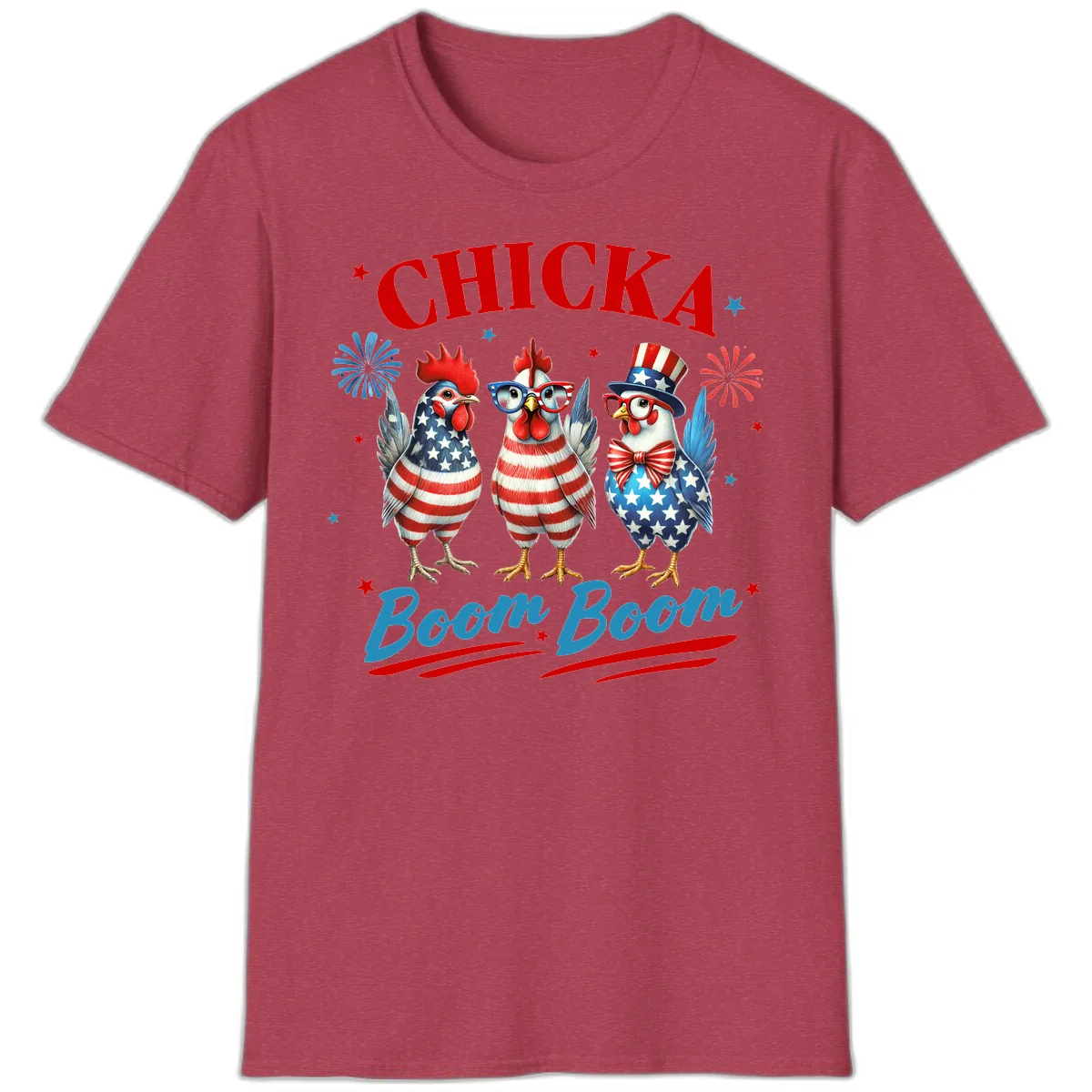 Chicka Boom Boom Patriotic Chickens T-Shirt in Heather Cardinal