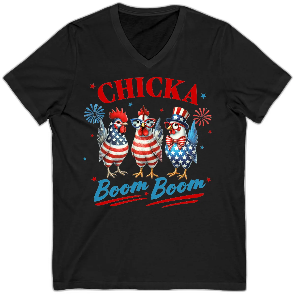 Chicka Boom Boom Patriotic Chickens V-Neck in Black