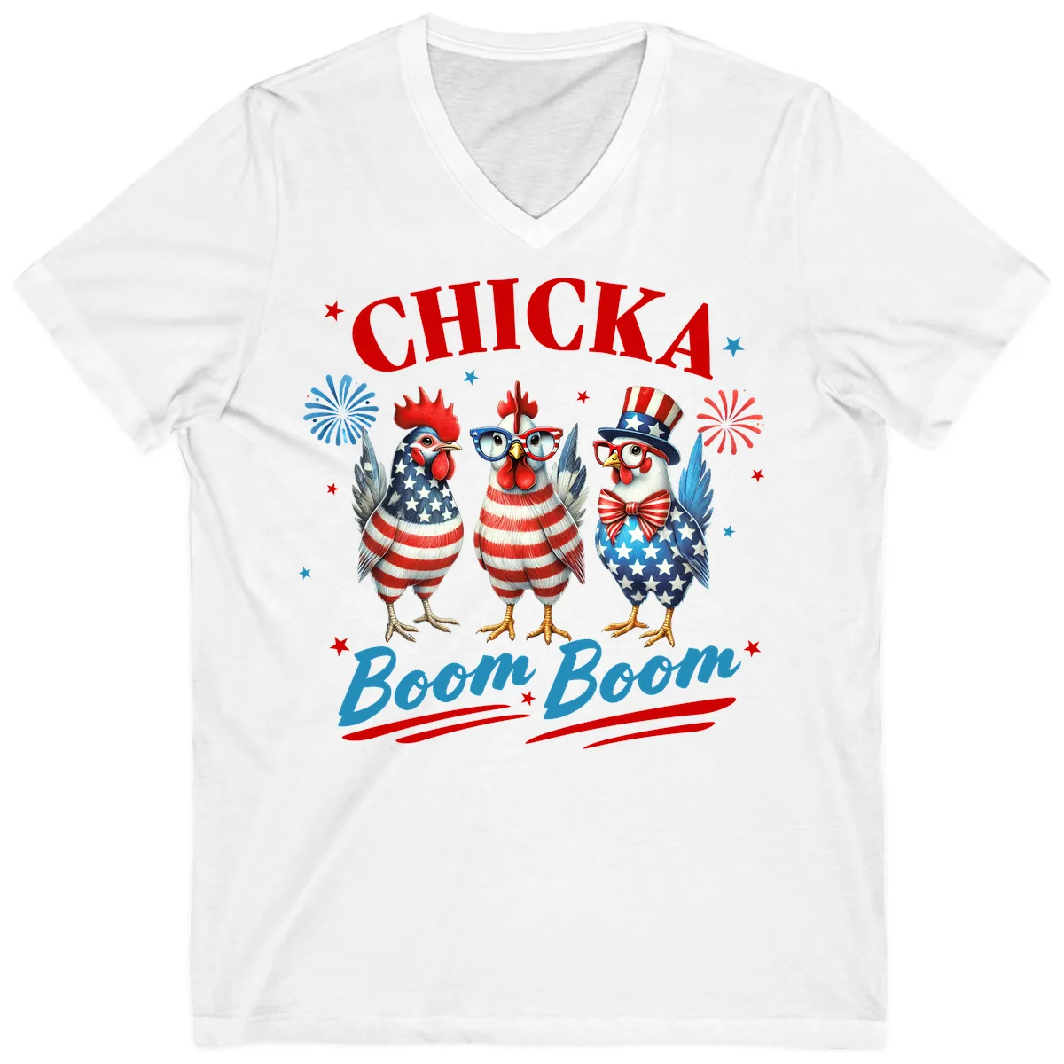 Chicka Boom Boom Patriotic Chickens V-Neck in White