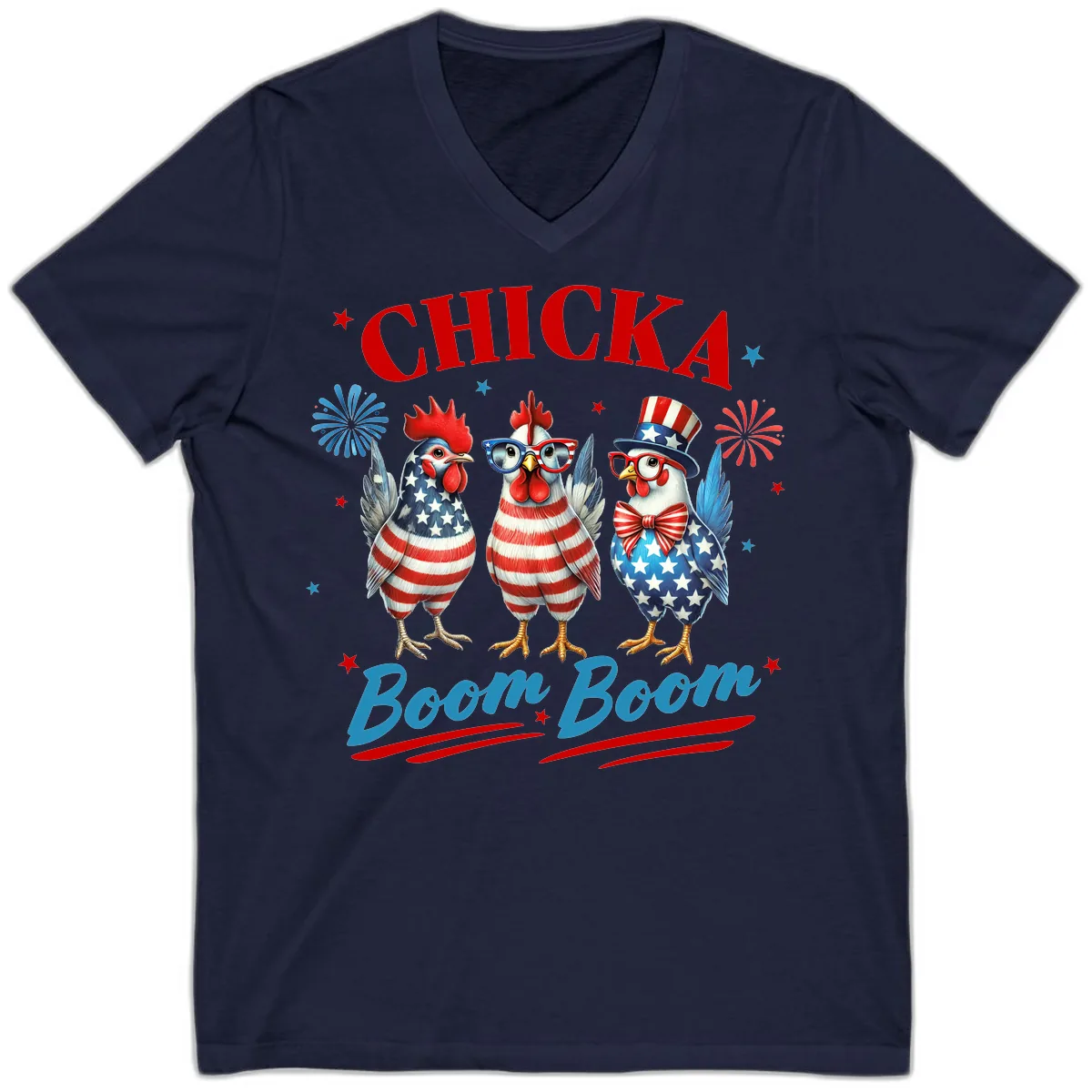 Chicka Boom Boom Patriotic Chickens V-Neck in Navy