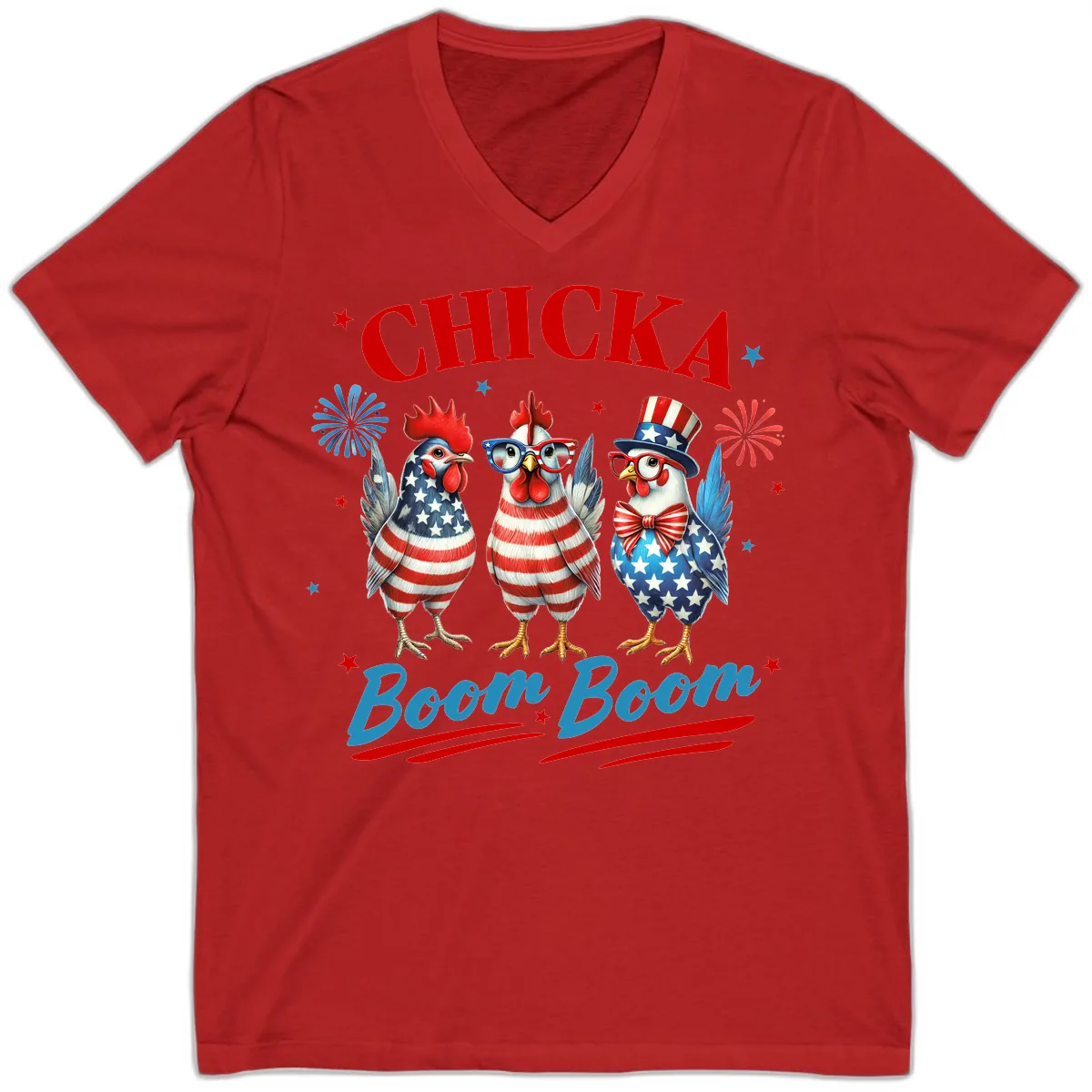Chicka Boom Boom Patriotic Chickens V-Neck in Red