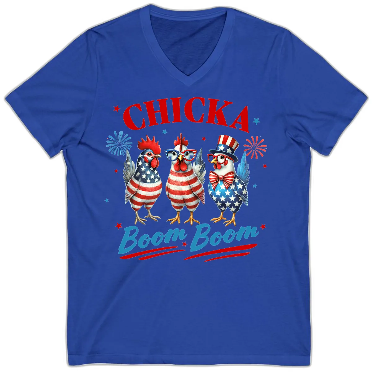 Chicka Boom Boom Patriotic Chickens V-Neck in True Royal