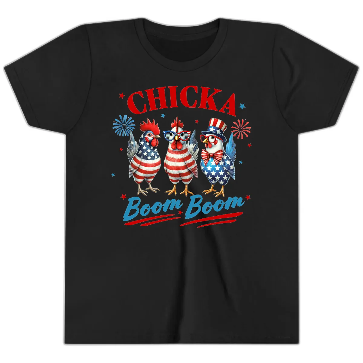 Chicka Boom Boom Patriotic Chickens Youth T-Shirt in Black