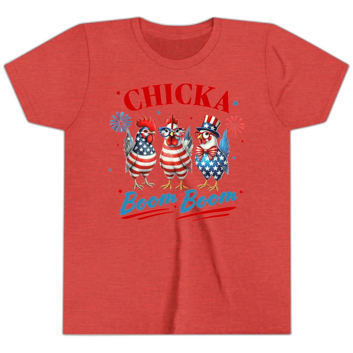 Chicka Boom Boom Patriotic Chickens Youth T-Shirt in Heather Red