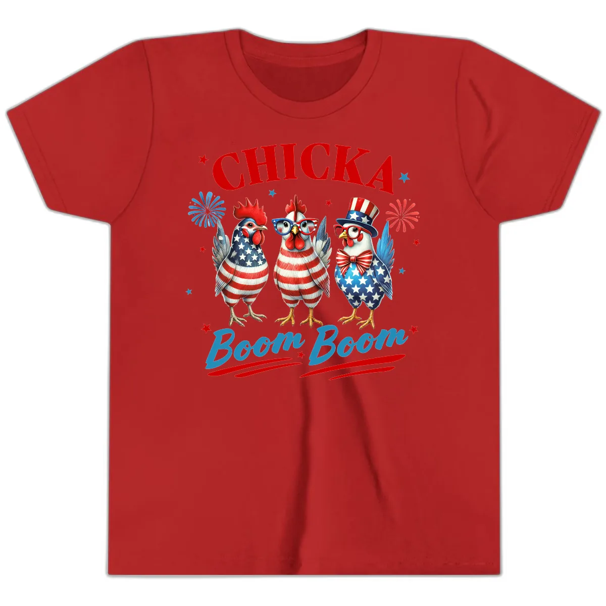 Chicka Boom Boom Patriotic Chickens Youth T-Shirt in Red