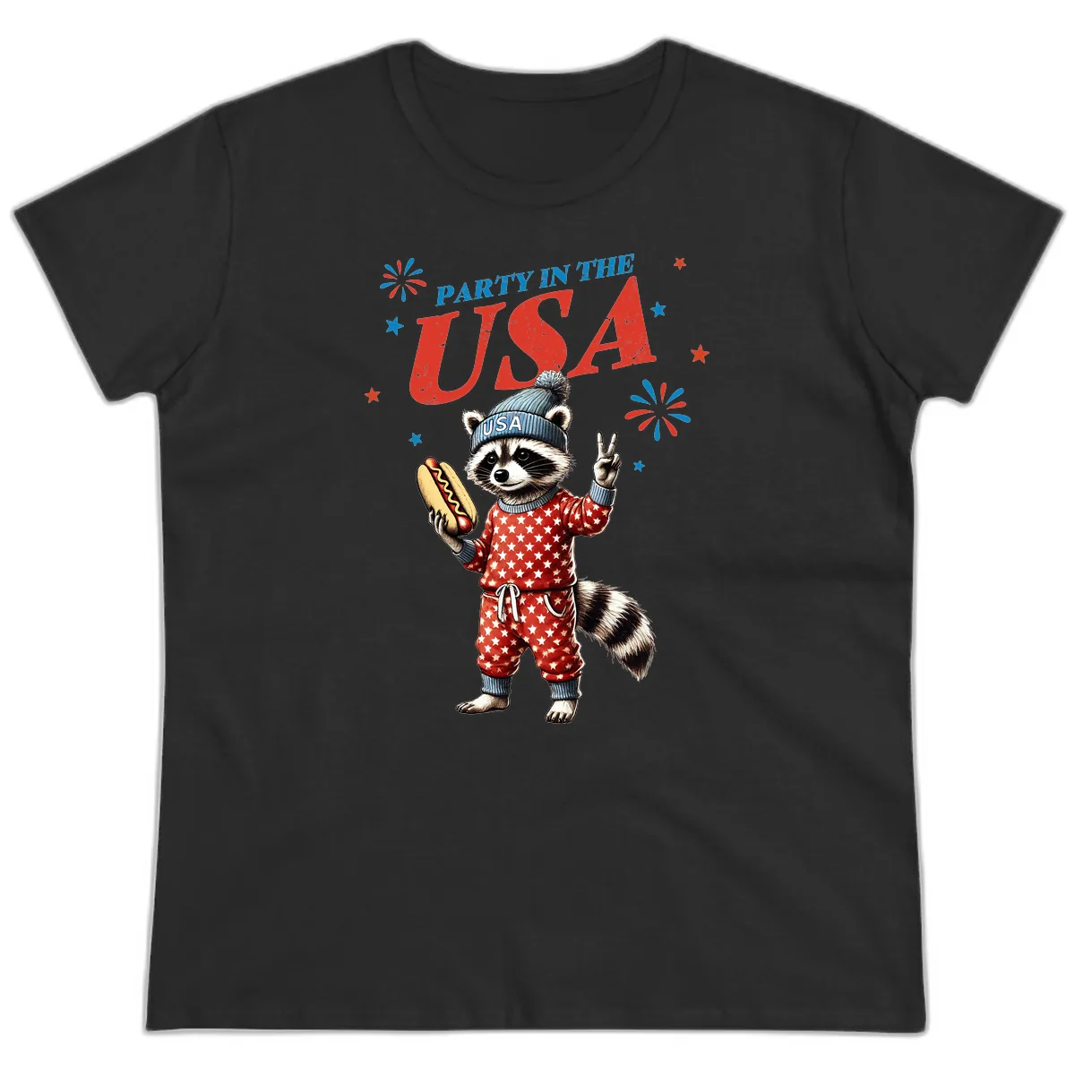 Party USA Raccoon Hotdog Celebration Ladies Tee in Black