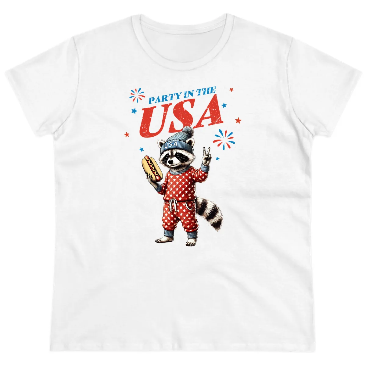 Party USA Raccoon Hotdog Celebration Ladies Tee in White