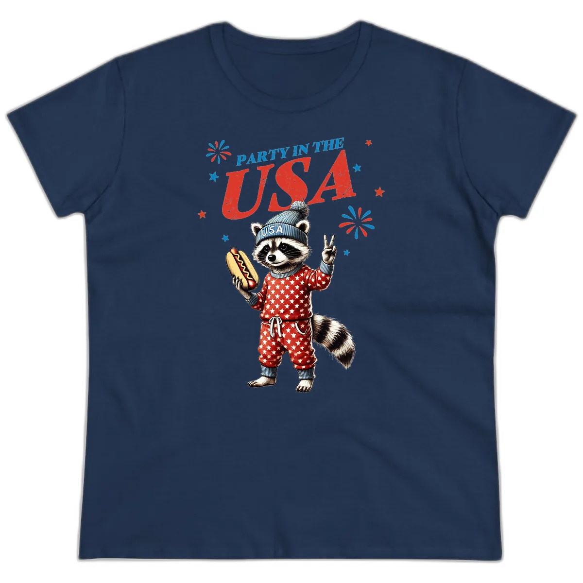 Party USA Raccoon Hotdog Celebration Ladies Tee in Navy