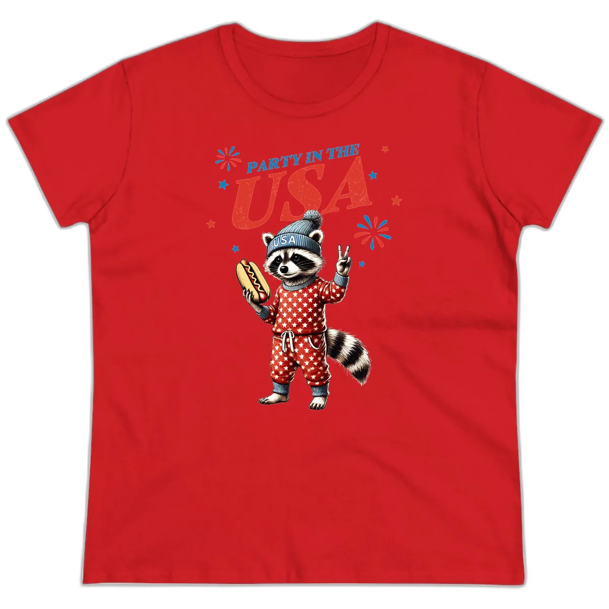 Party USA Raccoon Hotdog Celebration Ladies Tee in Red