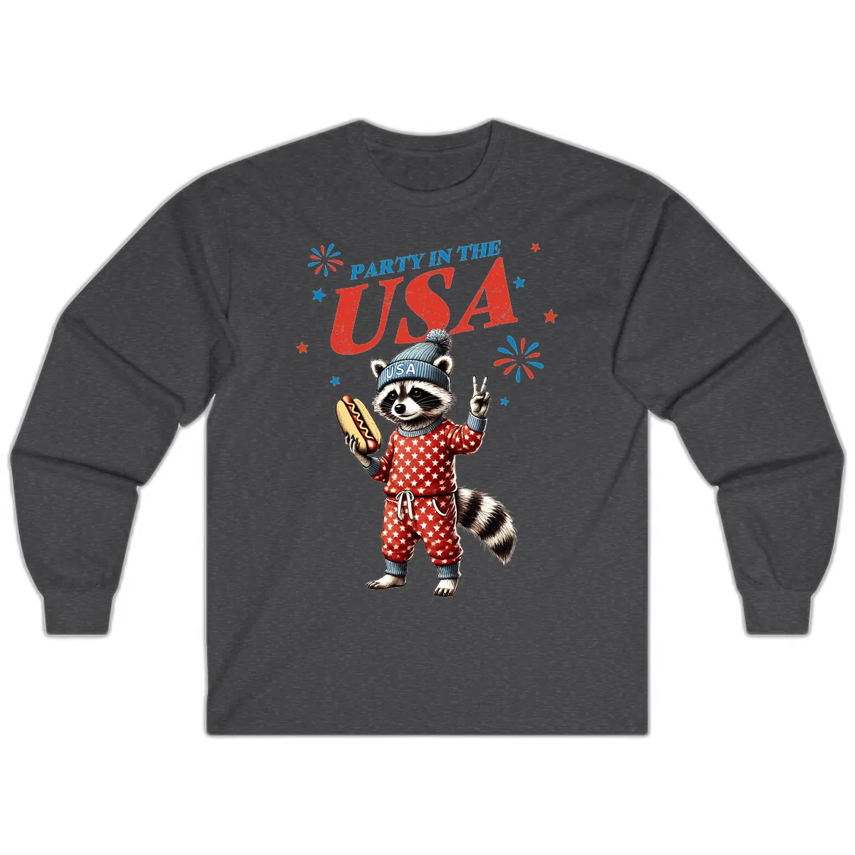 Party USA Raccoon Hotdog Celebration Long Sleeve in Dark Heather