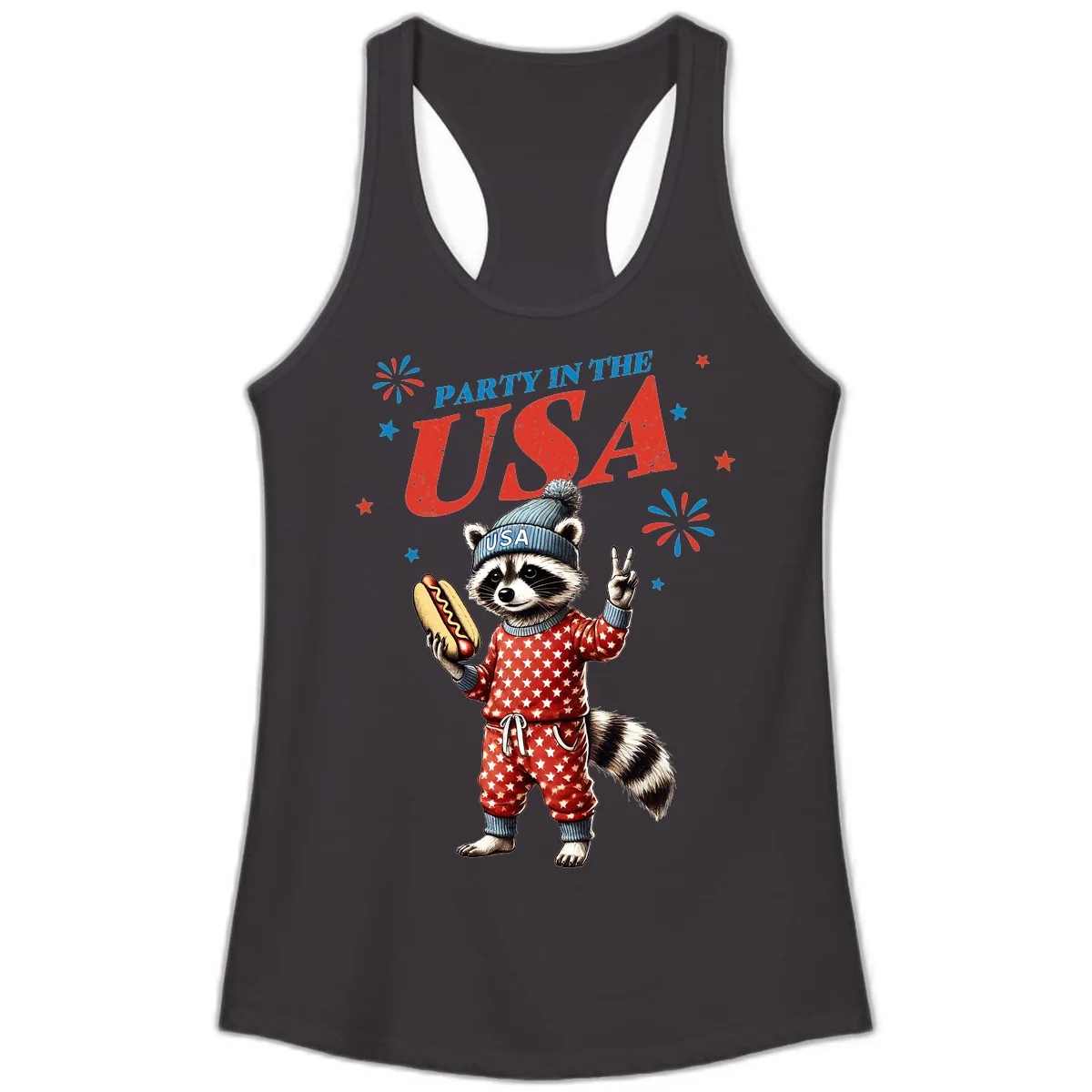 Party USA Raccoon Hotdog Celebration Ladies Tank in Black