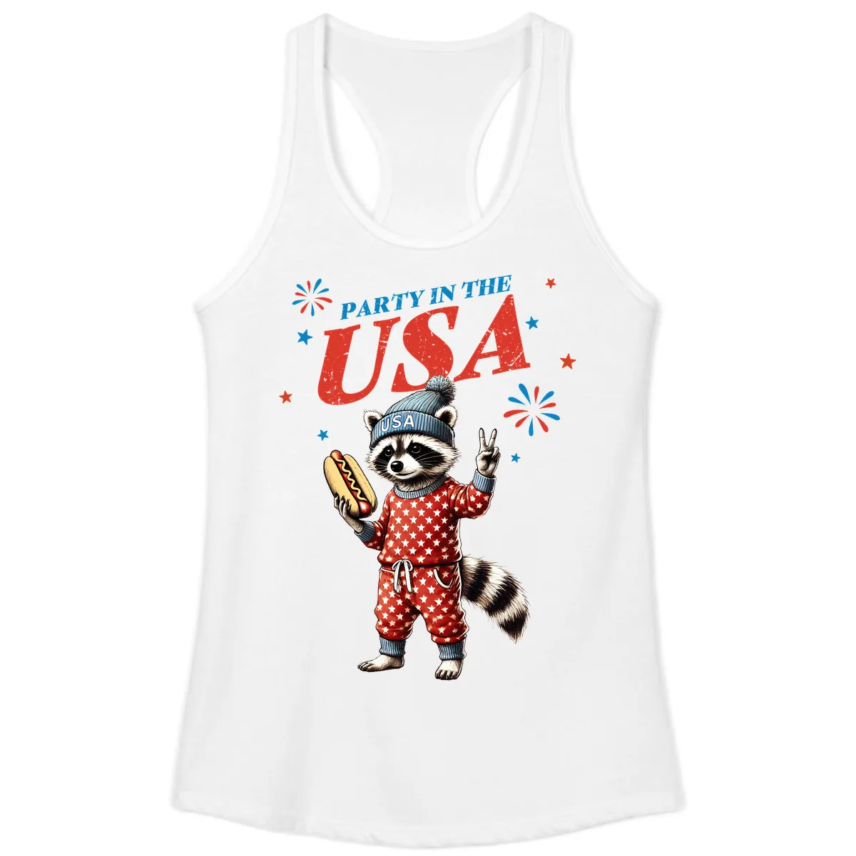 Party USA Raccoon Hotdog Celebration Ladies Tank in White