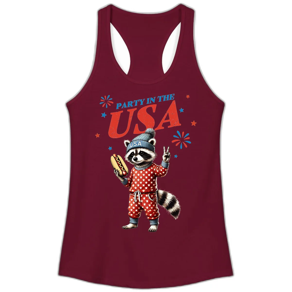 Party USA Raccoon Hotdog Celebration Ladies Tank in Solid Cardinal Red