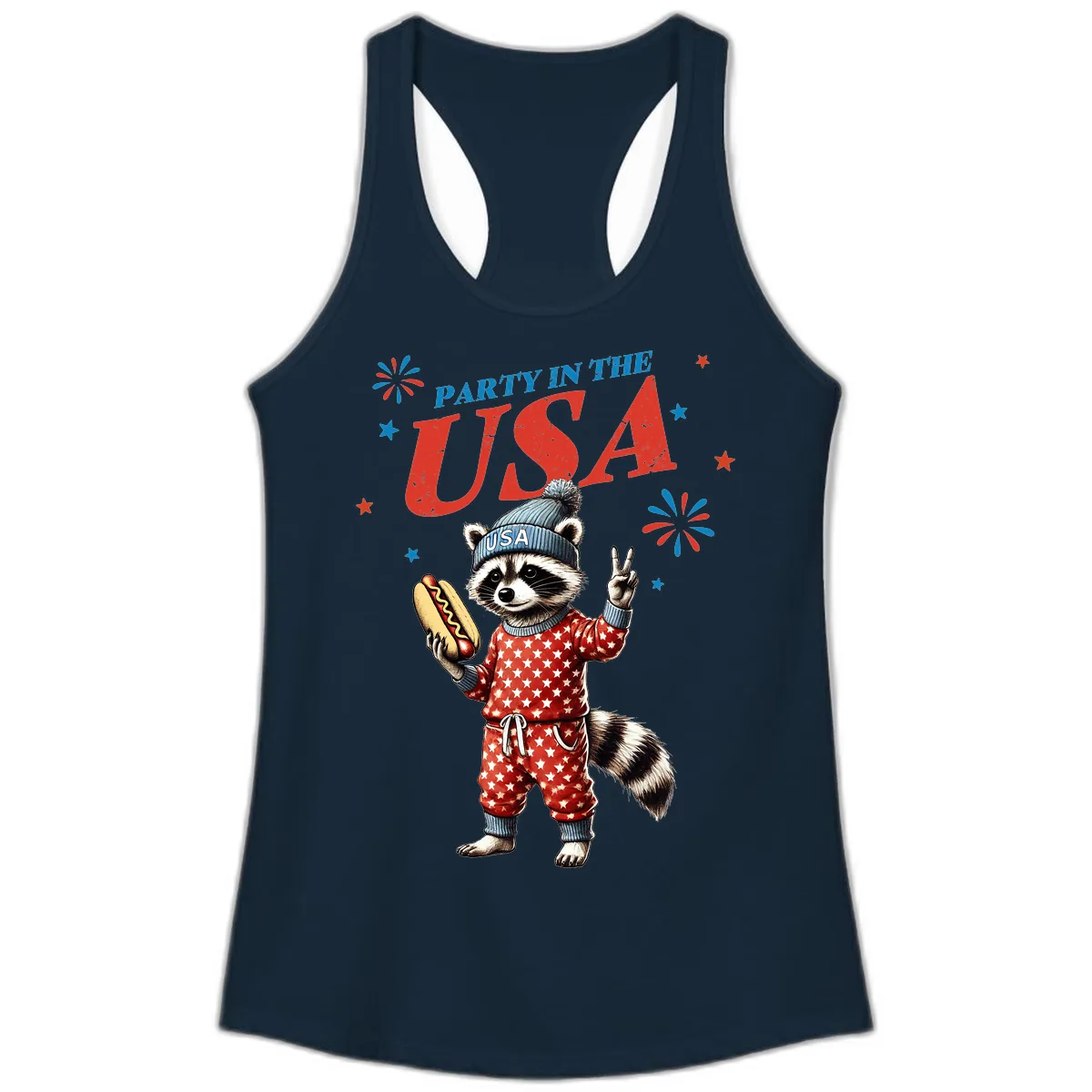 Party USA Raccoon Hotdog Celebration Ladies Tank in Solid Midnight Navy