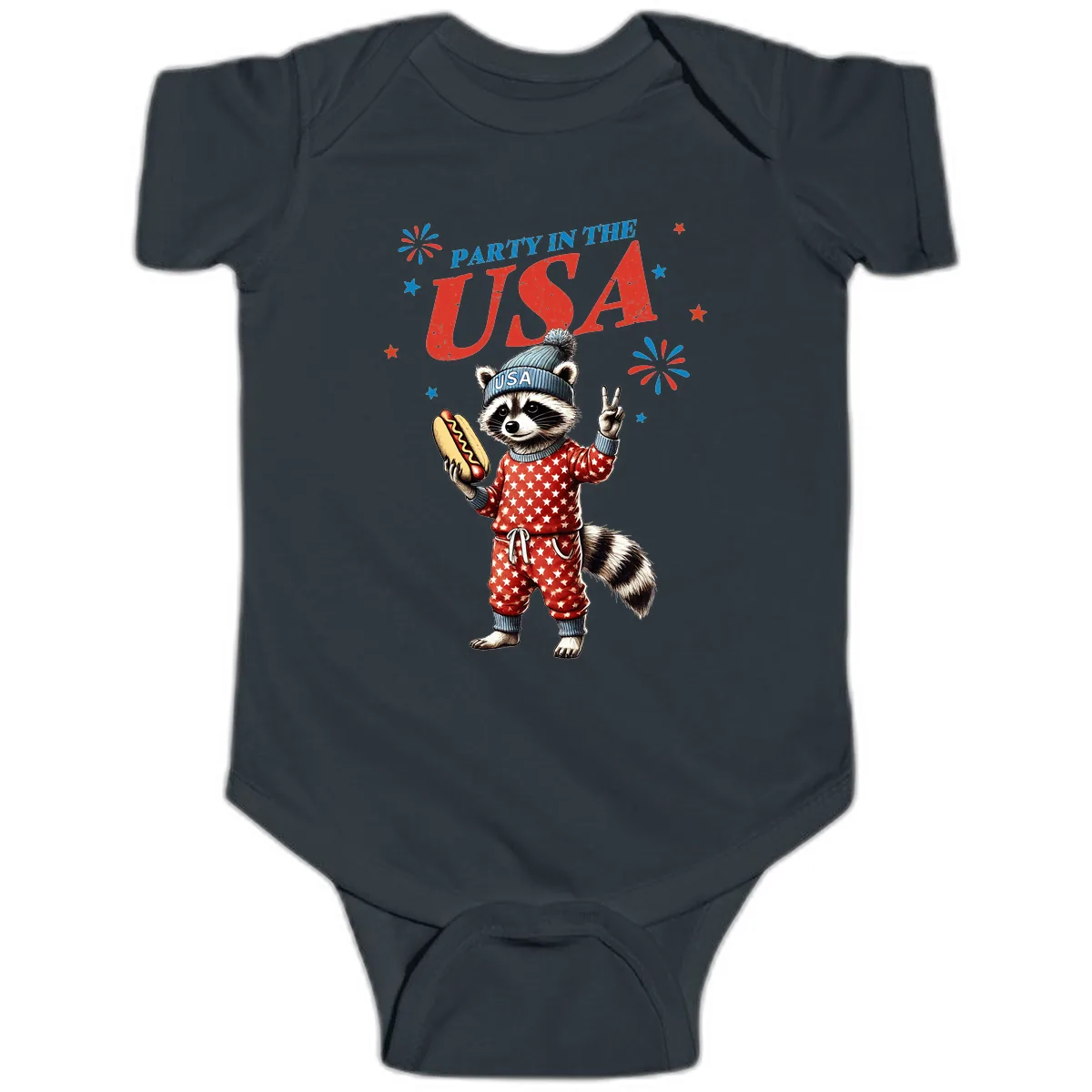 Party USA Raccoon Hotdog Celebration Baby Onesie in Black