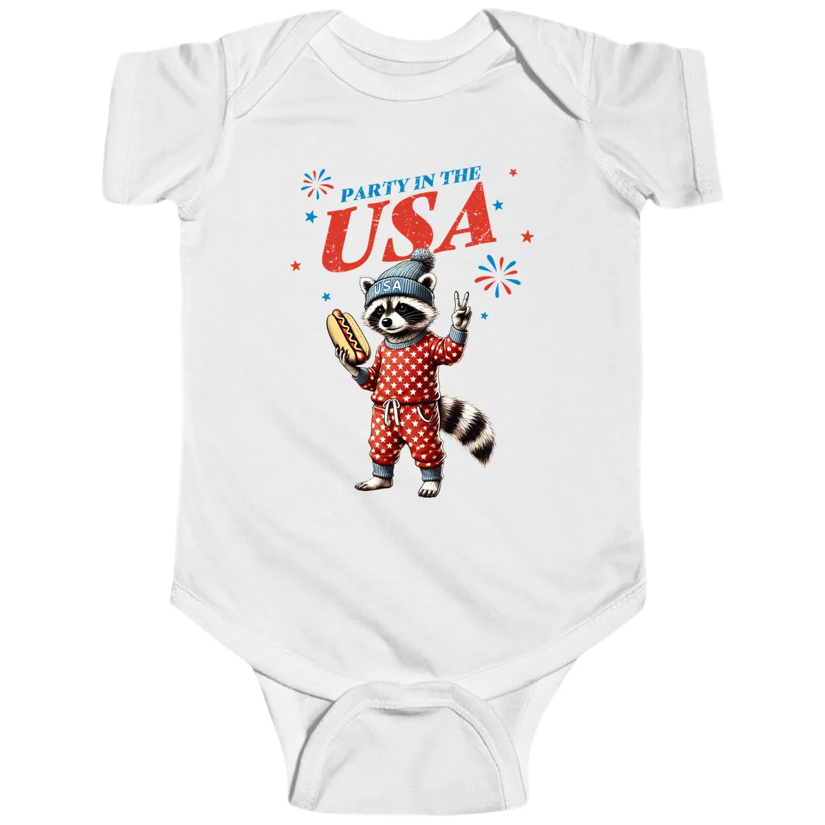 Party USA Raccoon Hotdog Celebration Baby Onesie in White