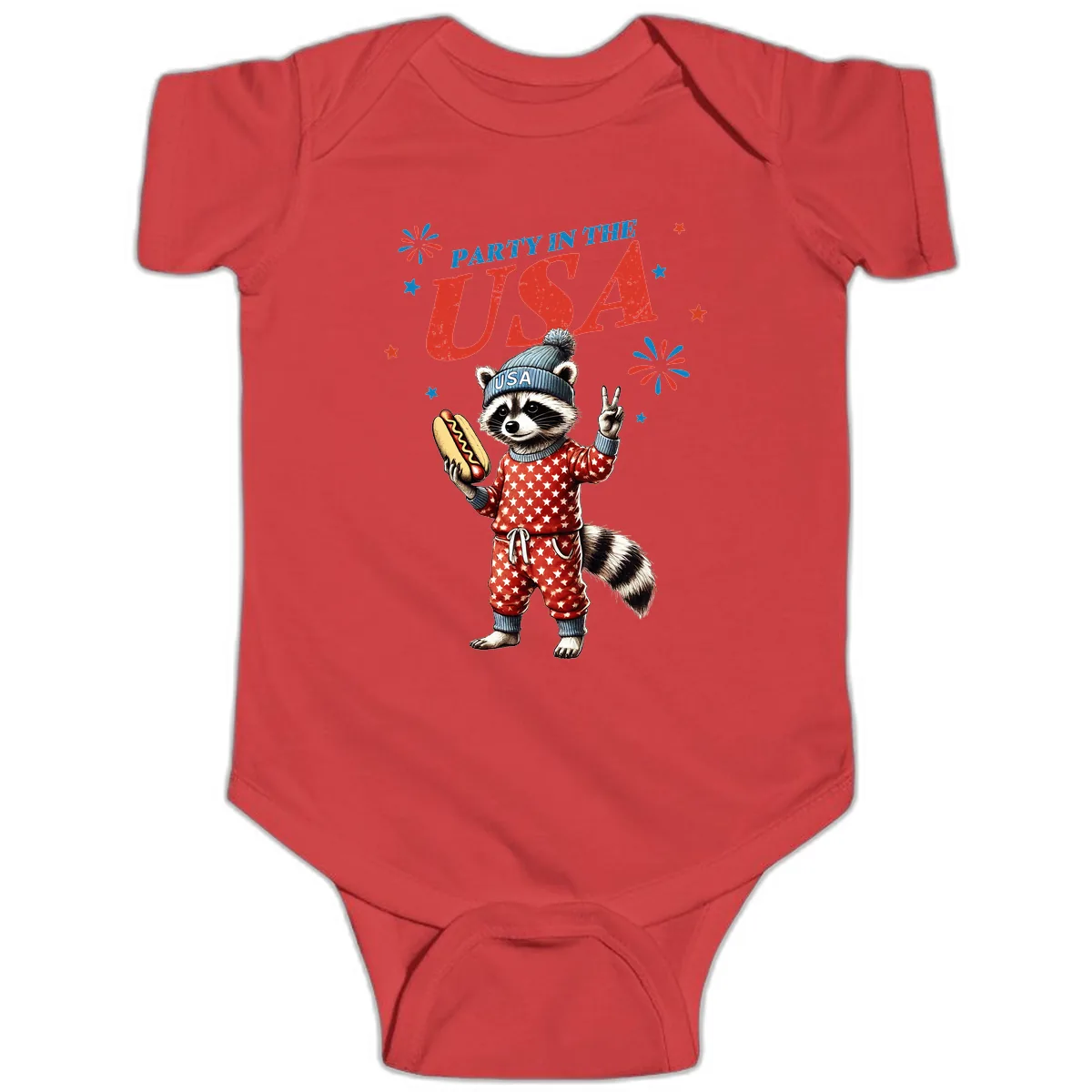 Party USA Raccoon Hotdog Celebration Baby Onesie in Red