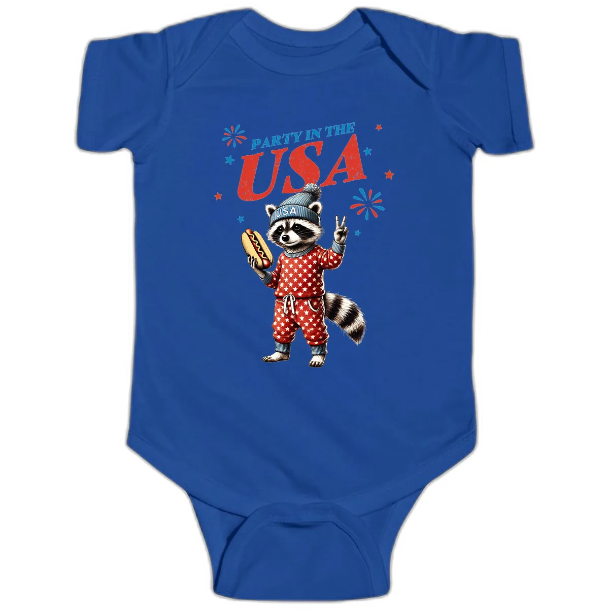 Party USA Raccoon Hotdog Celebration Baby Onesie in Royal