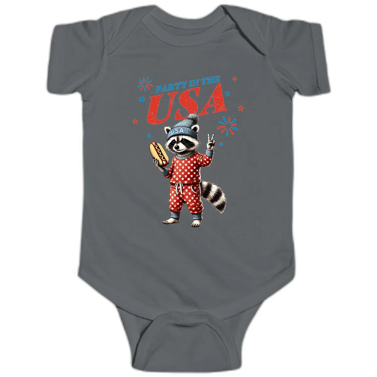 Party USA Raccoon Hotdog Celebration Baby Onesie in Charcoal