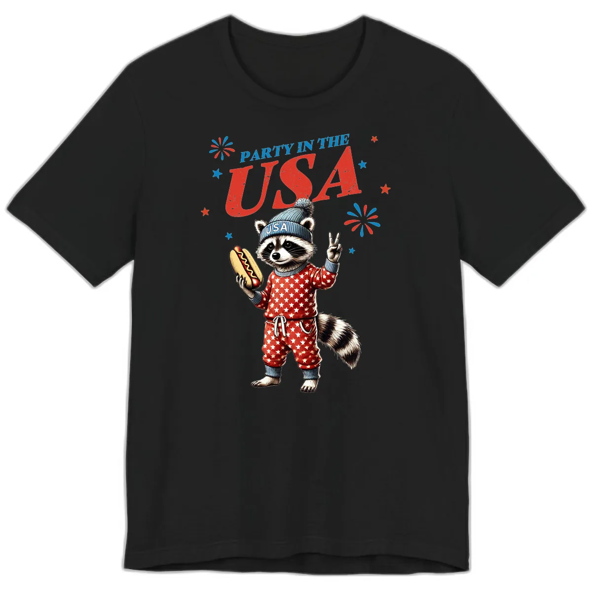 Party USA Raccoon Hotdog Celebration Premium T-Shirt in Black