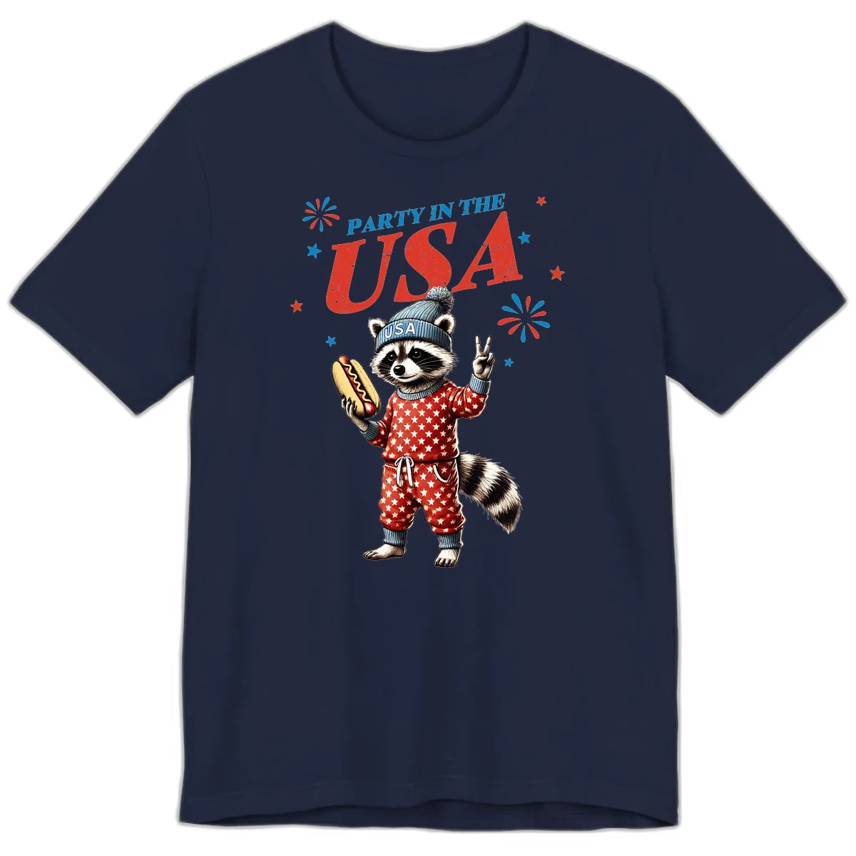 Party USA Raccoon Hotdog Celebration Premium T-Shirt in Navy