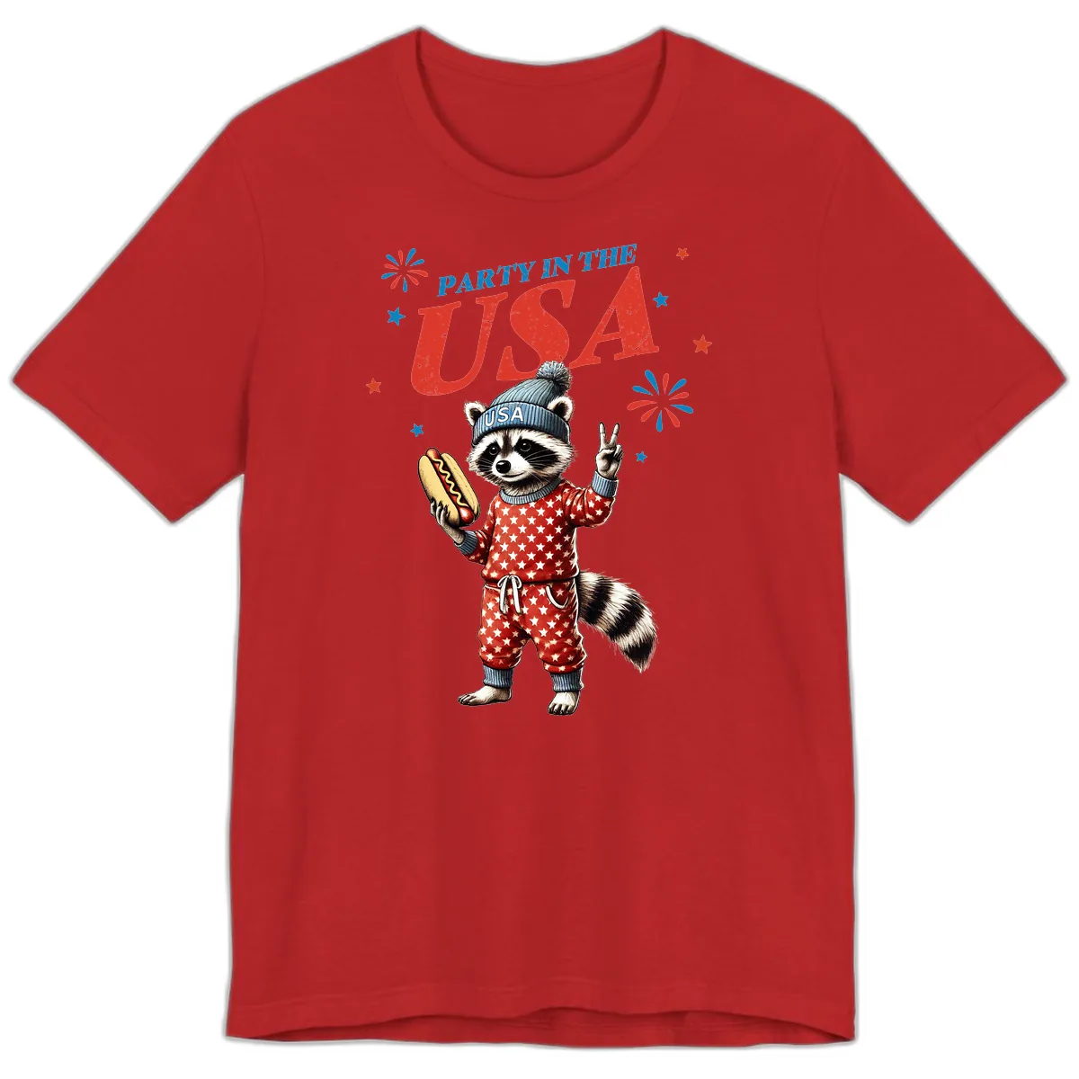 Party USA Raccoon Hotdog Celebration Premium T-Shirt in Red