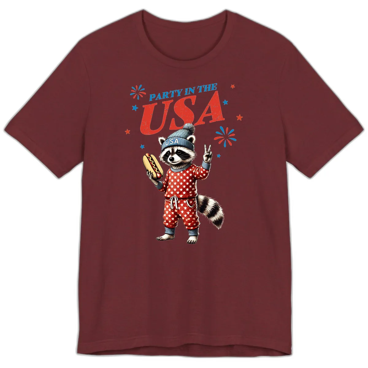 Party USA Raccoon Hotdog Celebration Premium T-Shirt in Heather Cardinal