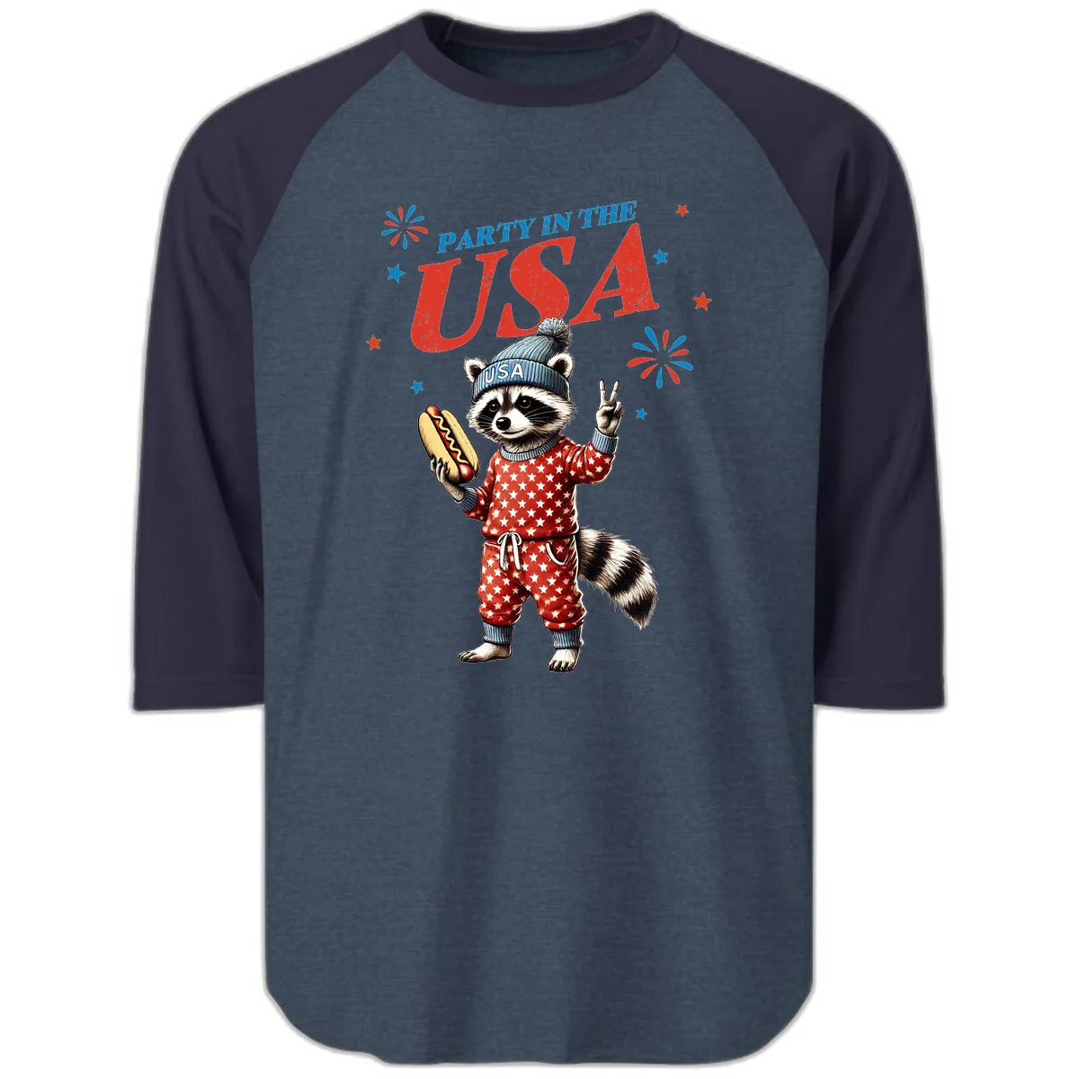 Party USA Raccoon Hotdog Celebration Raglan 3/4 in Heather Denim Navy
