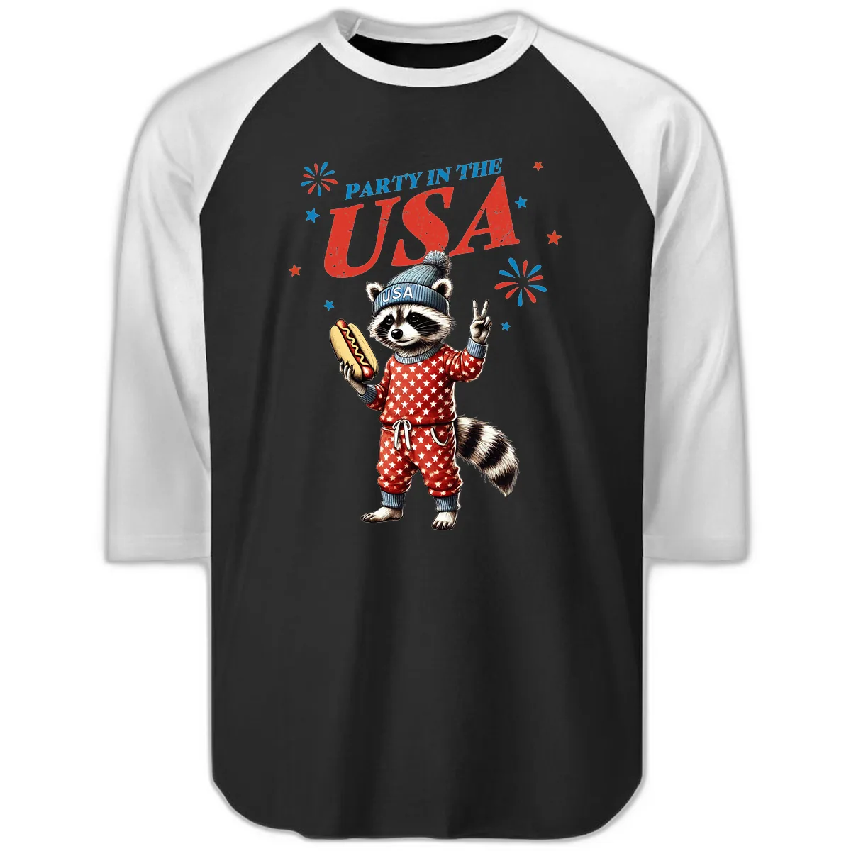 Party USA Raccoon Hotdog Celebration Raglan 3/4 in Black White