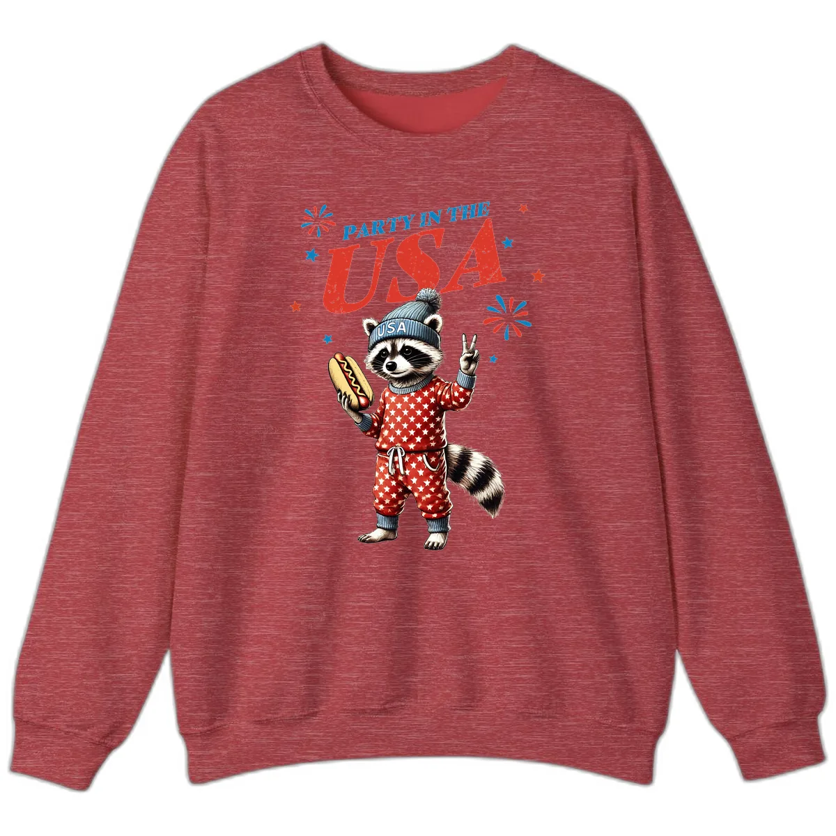Party USA Raccoon Hotdog Celebration Sweatshirt in Heather Scarlet Red