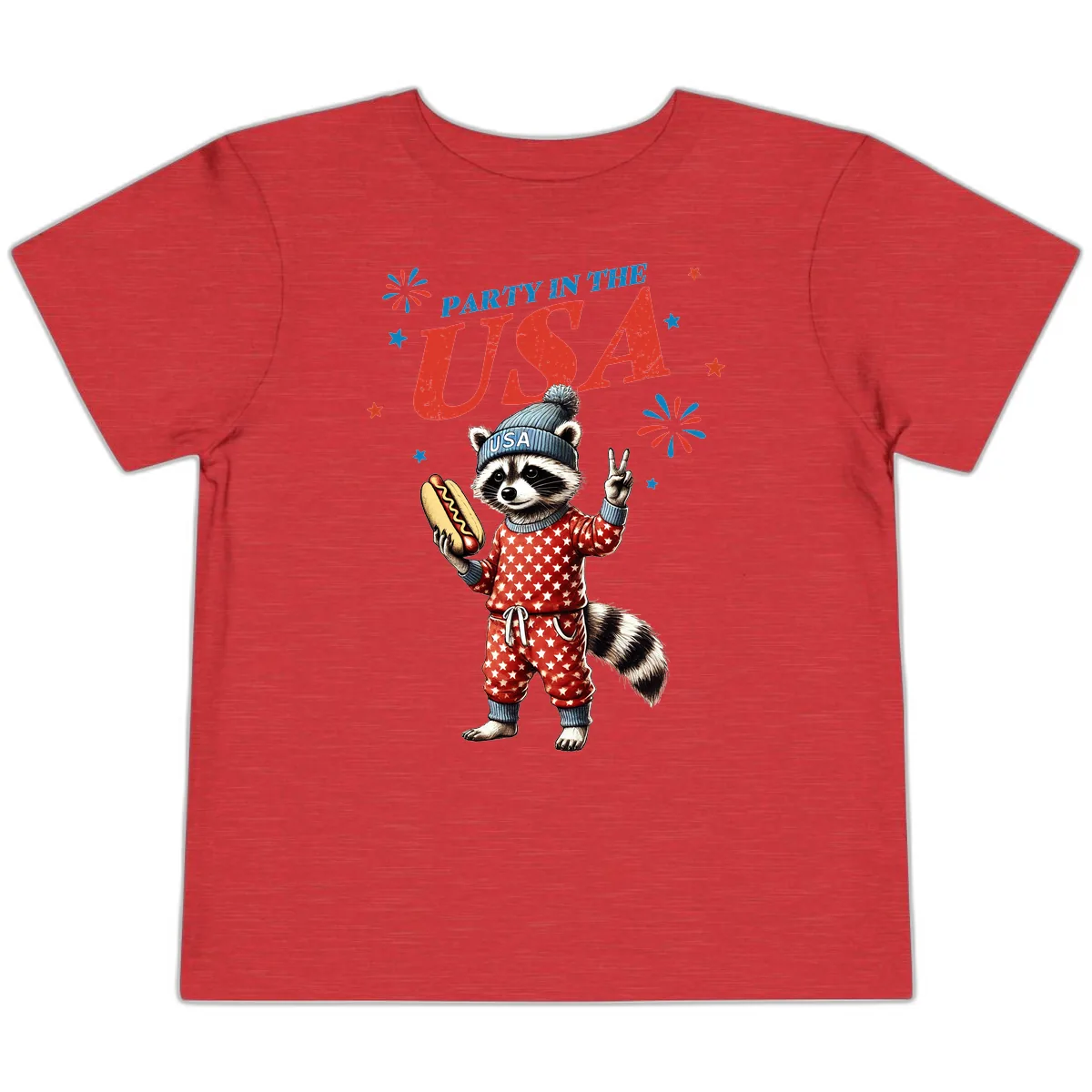 Party USA Raccoon Hotdog Celebration Toddler T-Shirt in Heather Red