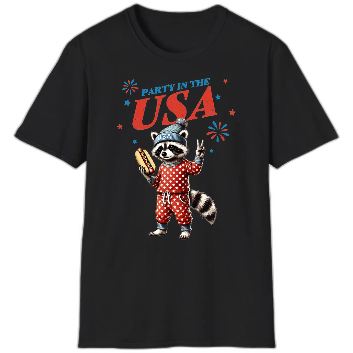 Party USA Raccoon Hotdog Celebration T-Shirt in Black