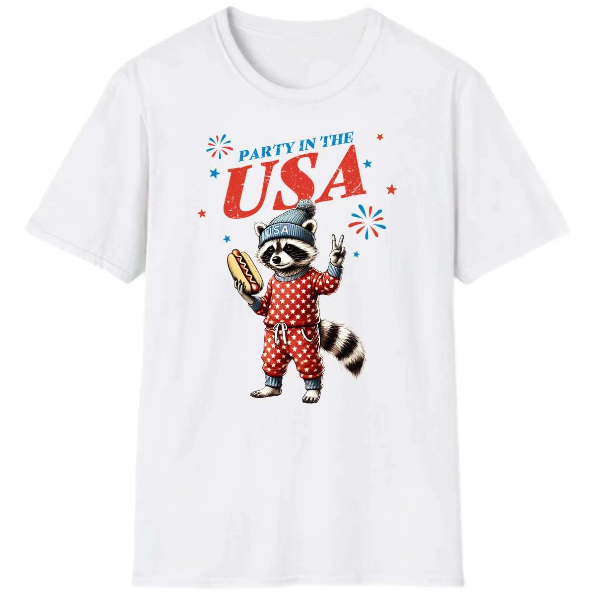 Party USA Raccoon Hotdog Celebration T-Shirt in White