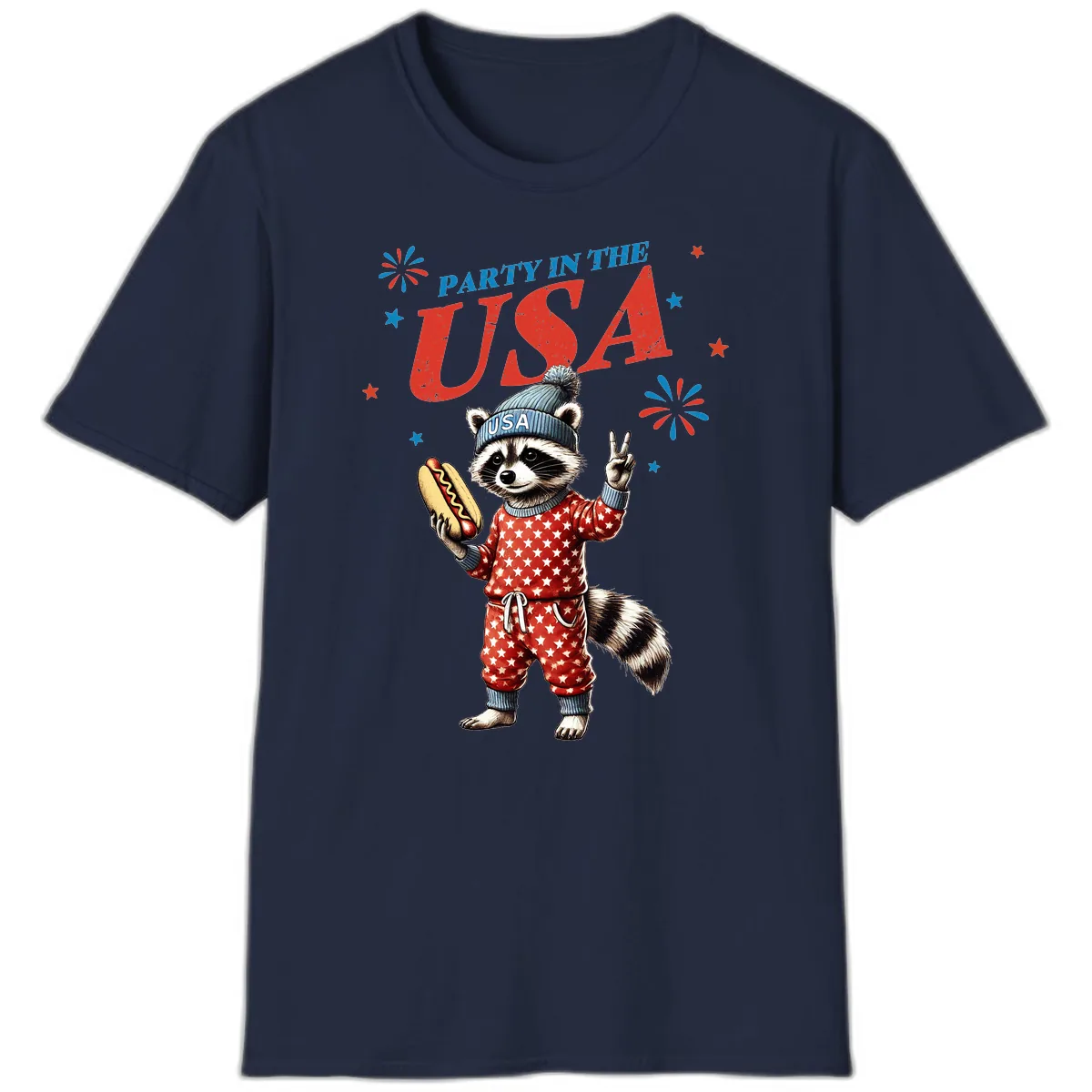 Party USA Raccoon Hotdog Celebration T-Shirt in Navy
