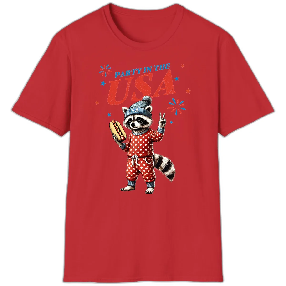 Party USA Raccoon Hotdog Celebration T-Shirt in Red
