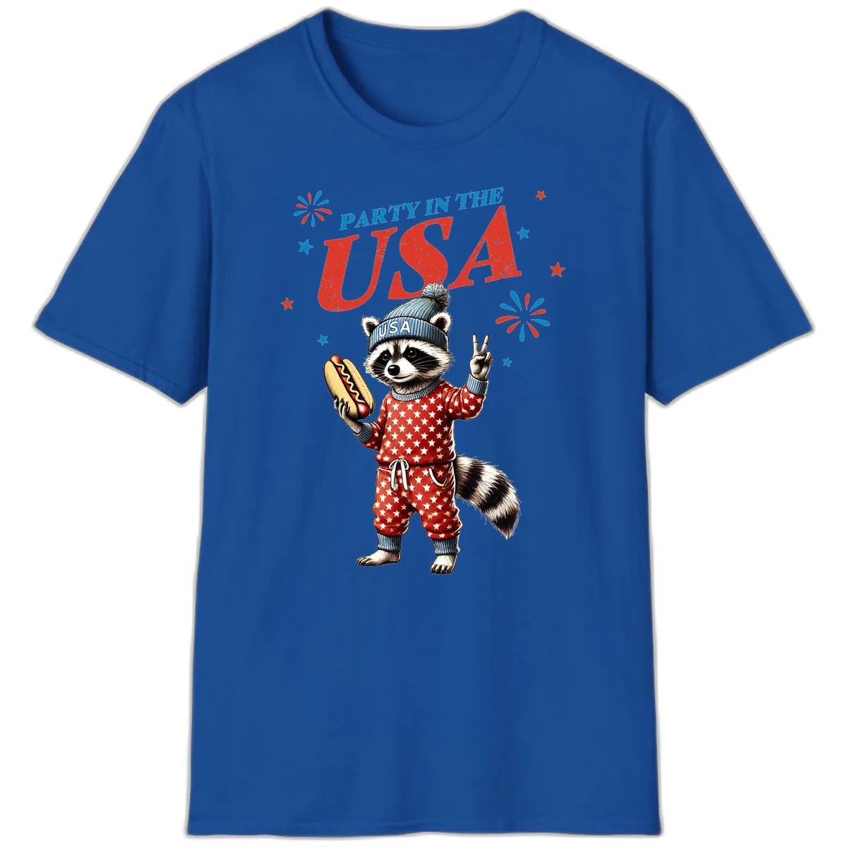 Party USA Raccoon Hotdog Celebration T-Shirt in Royal