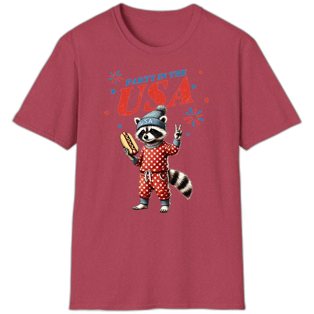 Party USA Raccoon Hotdog Celebration T-Shirt in Heather Cardinal