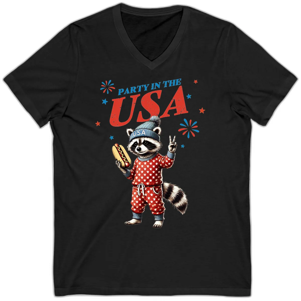 Party USA Raccoon Hotdog Celebration V-Neck in Black