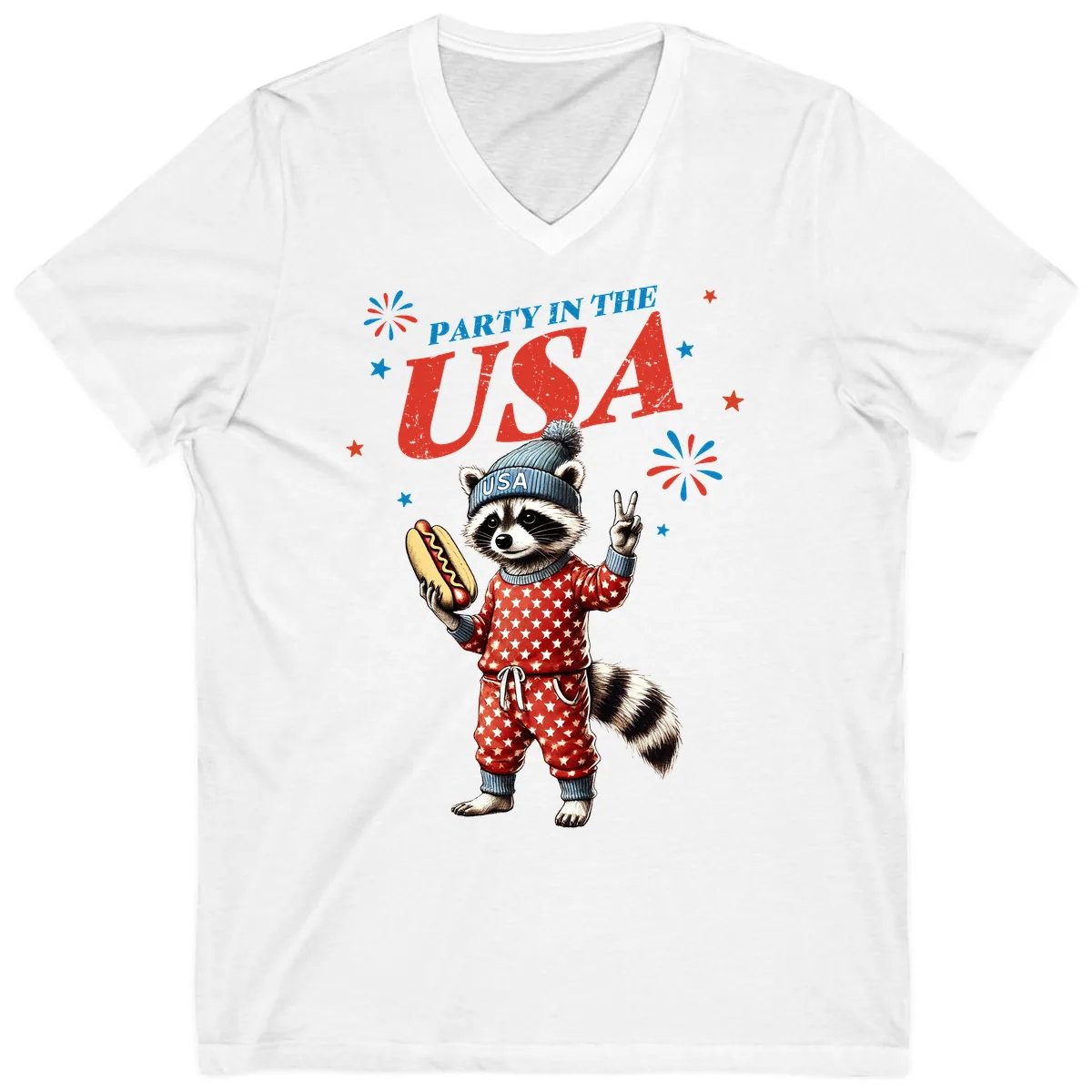 Party USA Raccoon Hotdog Celebration V-Neck in White