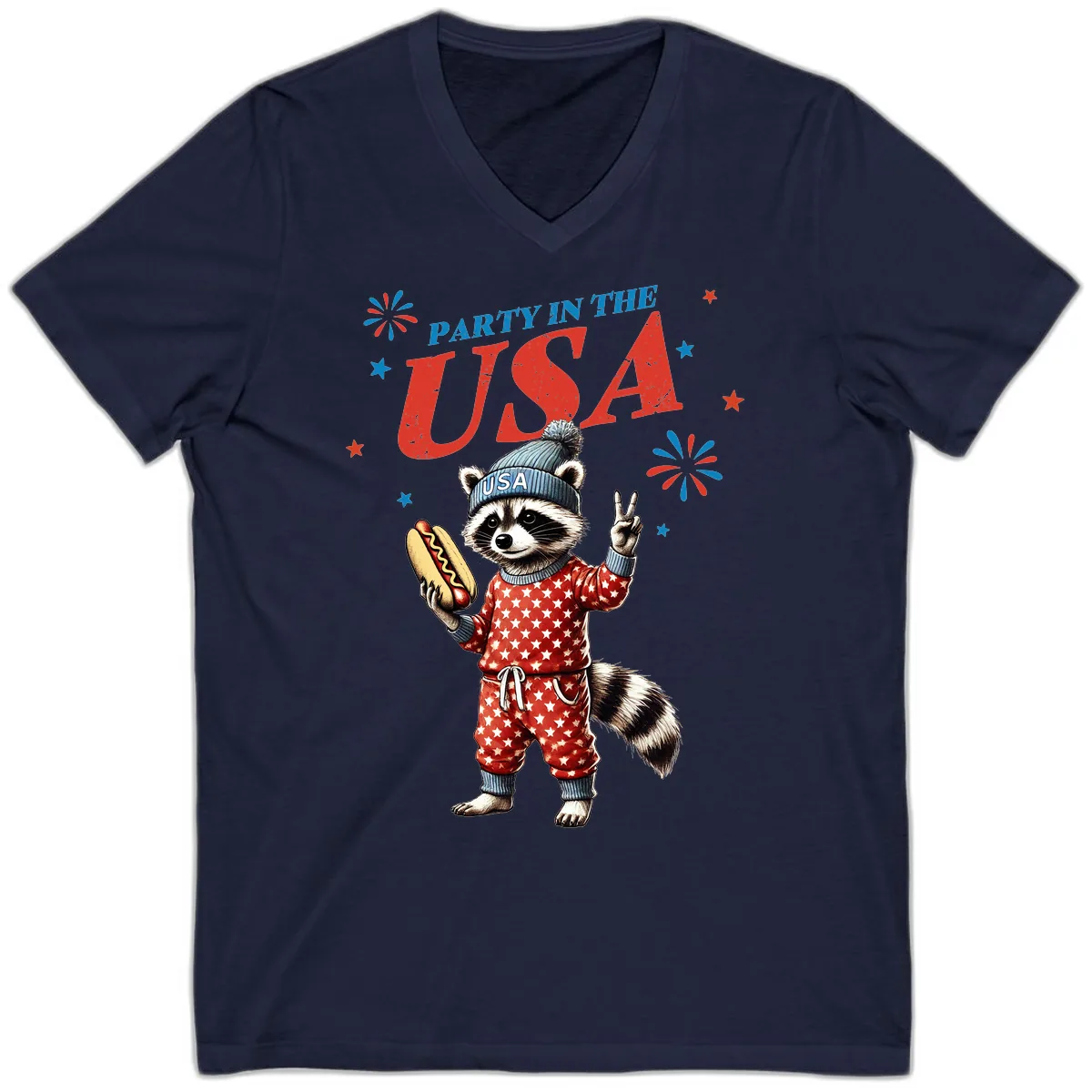 Party USA Raccoon Hotdog Celebration V-Neck in Navy