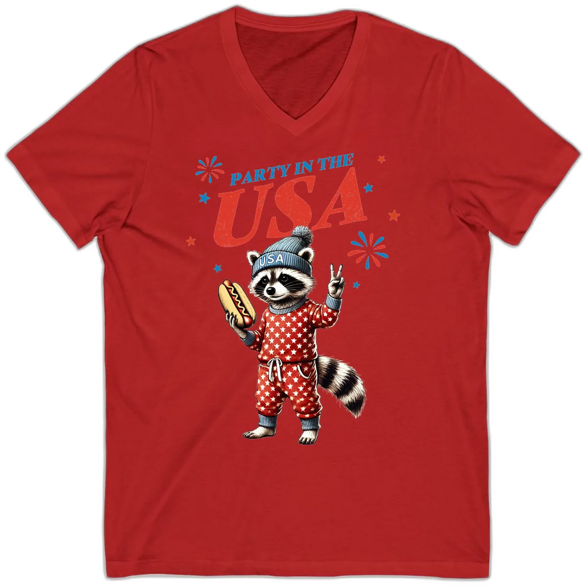 Party USA Raccoon Hotdog Celebration V-Neck in Red