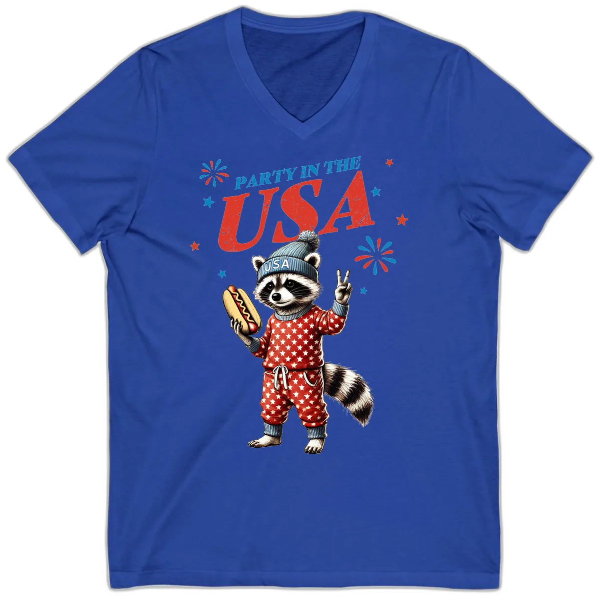 Party USA Raccoon Hotdog Celebration V-Neck in True Royal