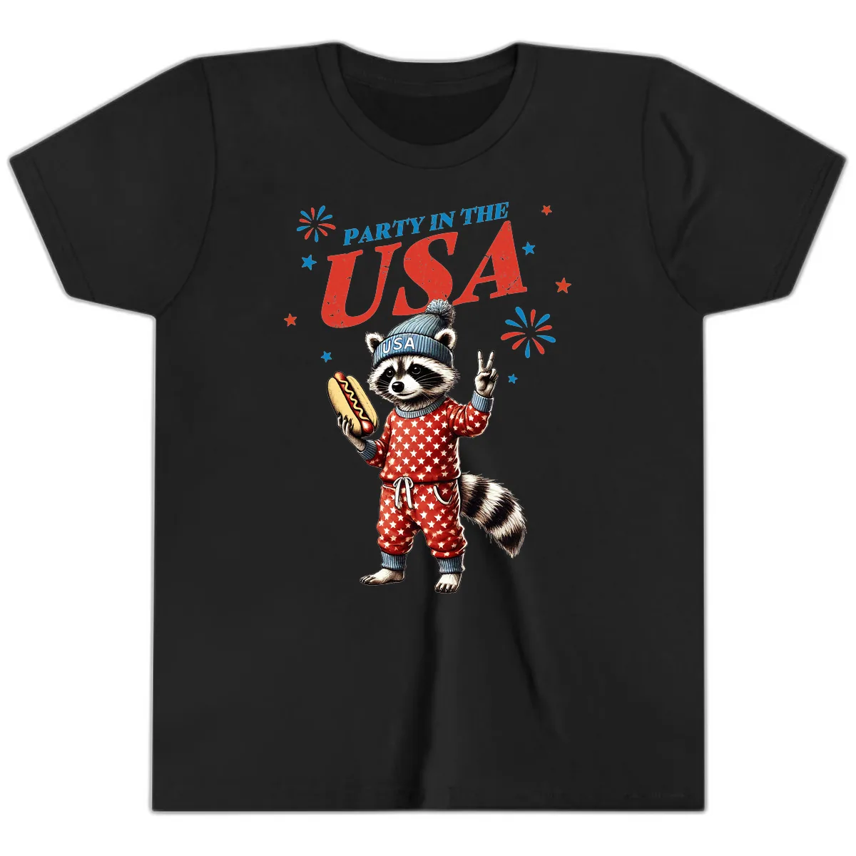 Party USA Raccoon Hotdog Celebration Youth T-Shirt in Black