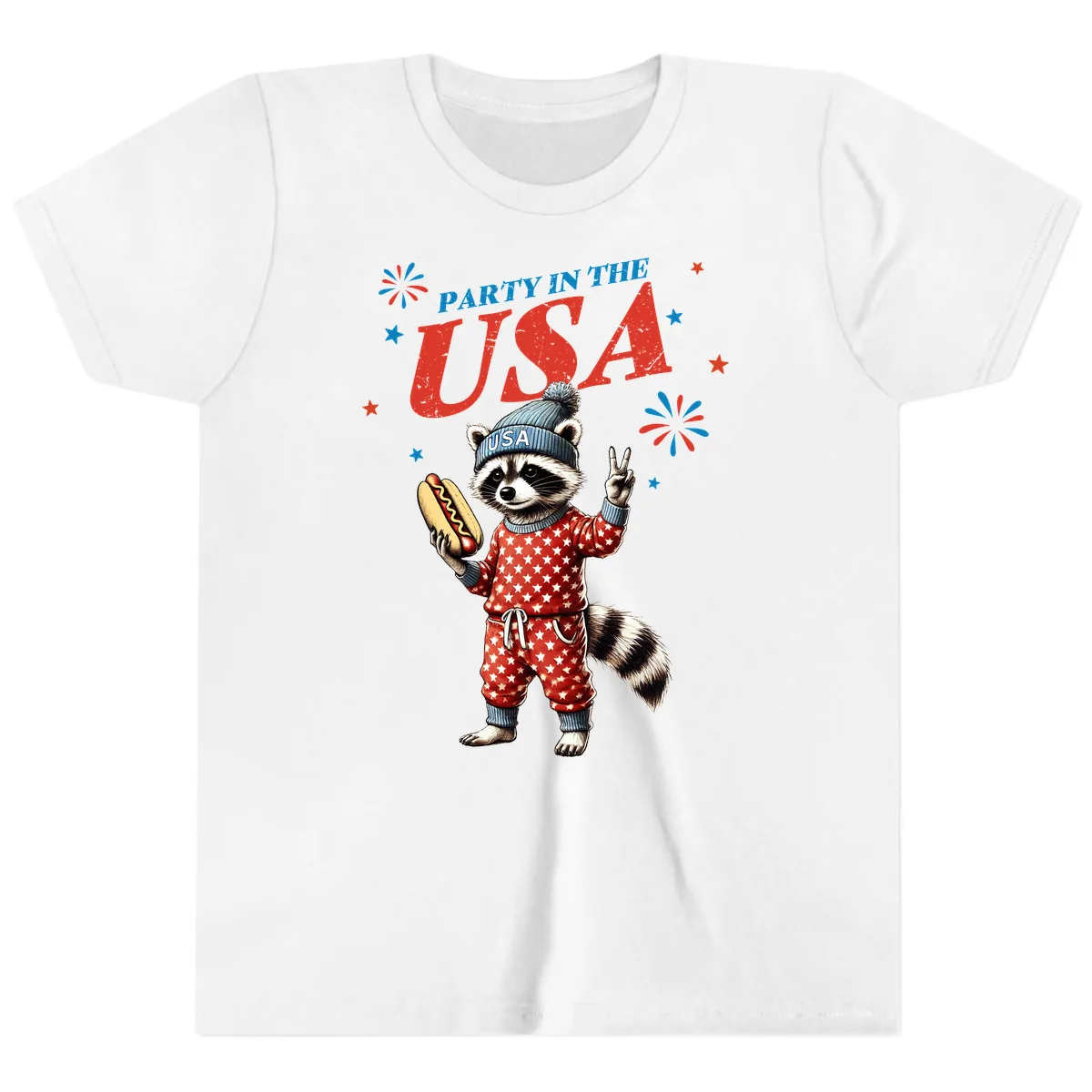Party USA Raccoon Hotdog Celebration Youth T-Shirt in White