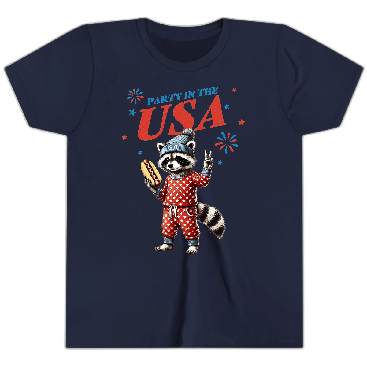 Party USA Raccoon Hotdog Celebration Youth T-Shirt in Navy