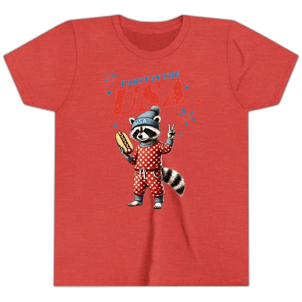 Party USA Raccoon Hotdog Celebration Youth T-Shirt in Heather Red
